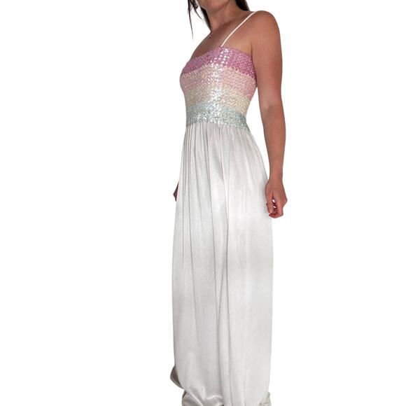 Vintage Y2K Pastel Sequins & Polyester White Dress Full Length Gown Elastic - Picture 8 of 13